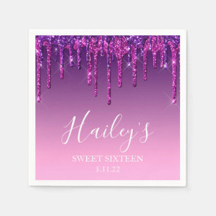 Servet - Paarse & Roze Glitter Drip Sweet Sixteen