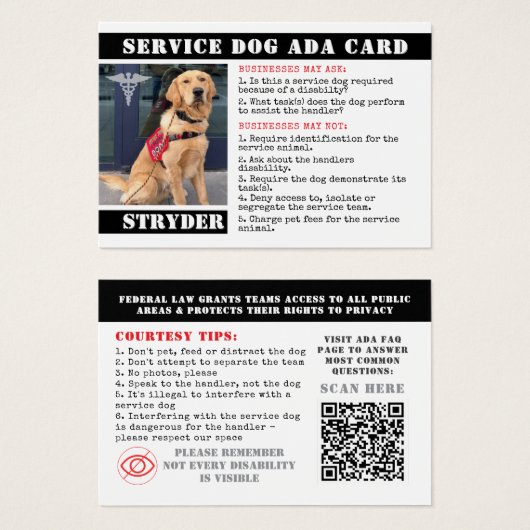 Service Dog ADA Kaarten Foto ID Badge Professionee Visitekaartje (Voorkant /achterkant)