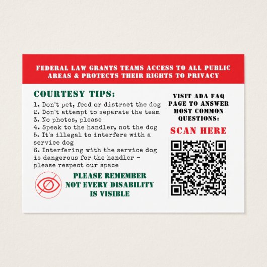 Service Dog ADA Wet Kaarten Rode Foto ID Badge Visitekaartje (Achterkant)