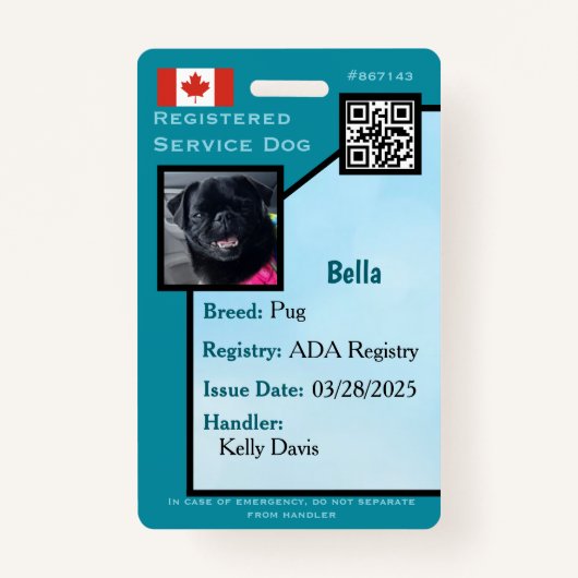 Service Dog ID Kaart blauwgroen verticale badge (Voorkant)