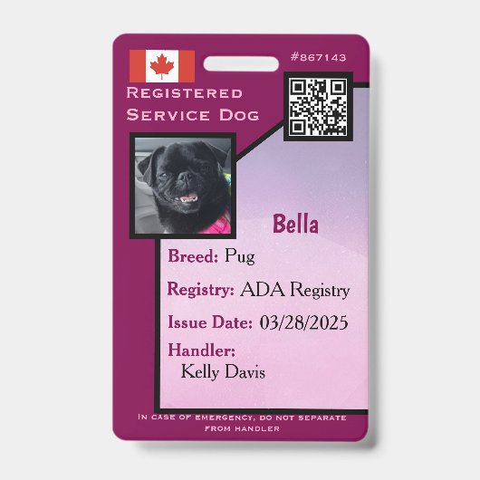 Service Dog ID Kaart paarse Verticale Badge (Voorzijde)
