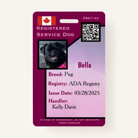 Service Dog ID Kaart paarse Verticale Badge (Voorkant)
