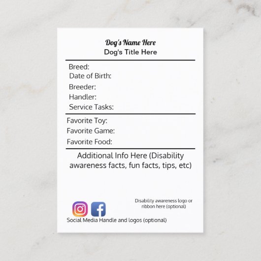 Service Dog in Training Trading Card Visitekaartje (Achterkant)