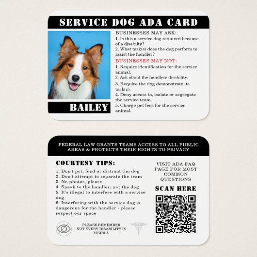 Service Dog Kaart Foto ID Badge Etiquette ADA (Voorkant /achterkant)