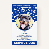 Service Dog Personated Blue Paw Prints Foto-id Badge (Voorkant)
