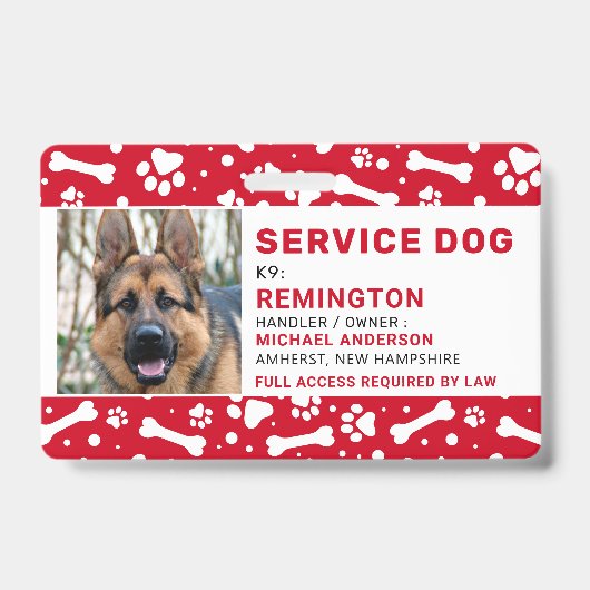 Service Dog Red Paw Drukt Aangepaste foto-ID Badge (Front)