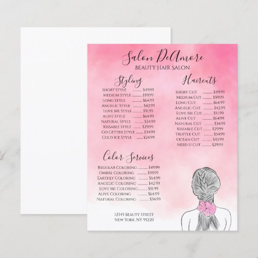 Service Menu Girl met Braid Pink Waterverf (Voorkant / Achterkant)