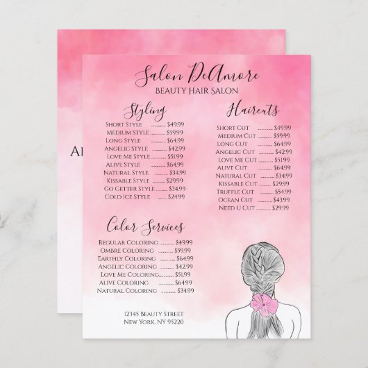Service Menu Girl met Braid Pink Waterverf (Voorkant / Achterkant)