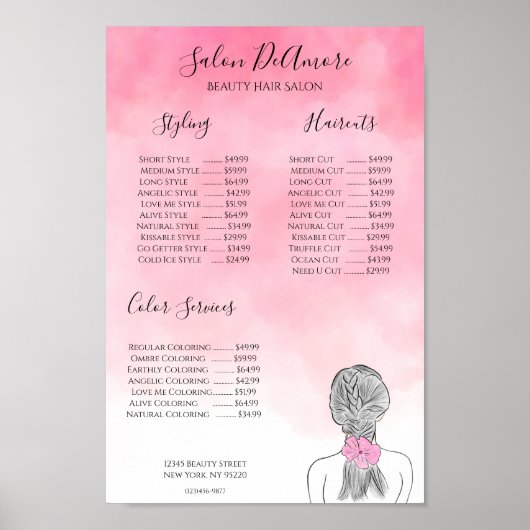 Service Menu Girl met Braid Pink Waterverf Poster (Voorkant)