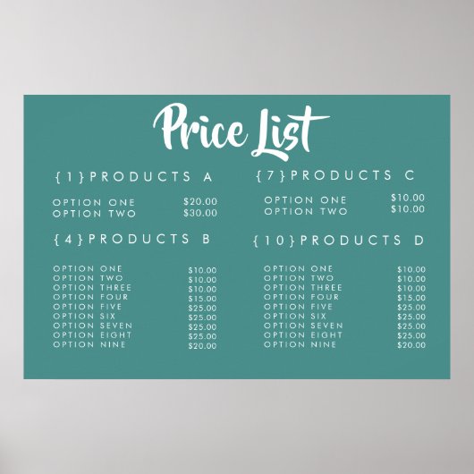 Service Prijs Menu Op Maat Gedrukt Poster (Voorkant)