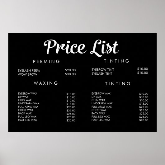 Service Prijs Menu Op Maat Gedrukt Poster (Voorkant)