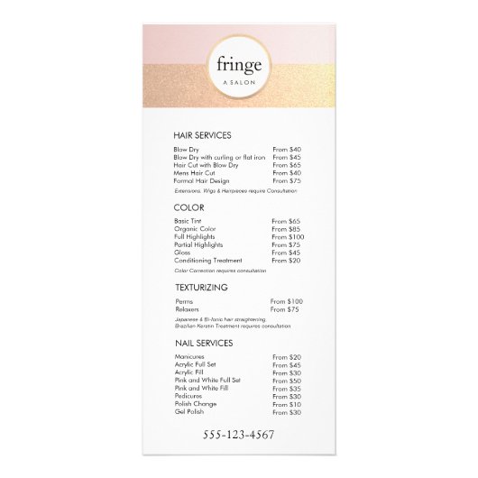 Service voor Trendy Pink Gold Salon Spa-prijslijst Reclamekaart (Voorkant)