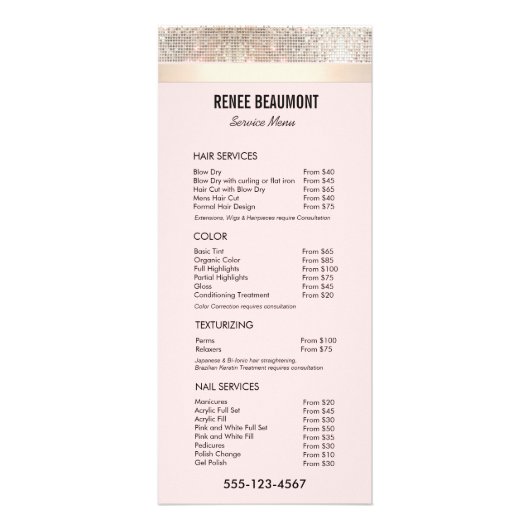 Servicemenu Sequin Gold Pink Salon Price List Reclamekaart (Voorkant)