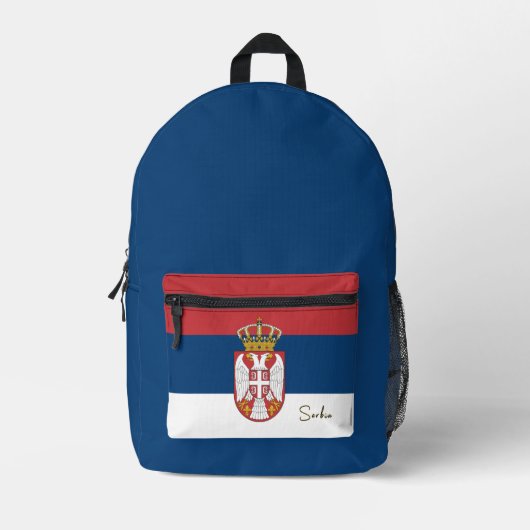 Servië, blauwe rugzak, Servische vlag / patriottis Bedrukte Rugzak (Voorkant)
