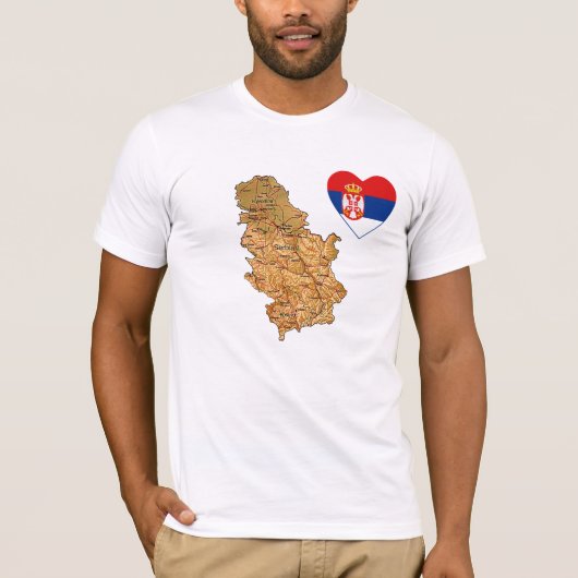 Servië Vlag Hart en Kaart T-Shirt (Voorkant)