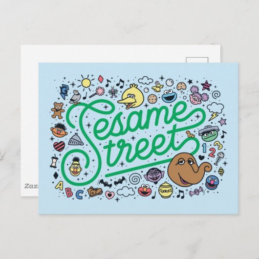 Sesam | Sesamstraat Groene Doodle Script Briefkaart (Voorkant / Achterkant)