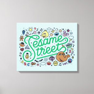Sesam   Sesamstraat Groene Doodle Script Canvas Afdruk