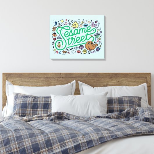 Sesam | Sesamstraat Groene Doodle Script Canvas Afdruk (Insitu (Slaapkamer))