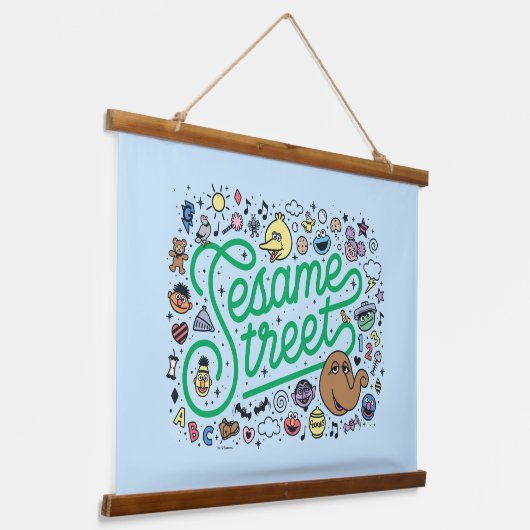 Sesam | Sesamstraat Groene Doodle Script Hangend Wandkleed (Gebogen)