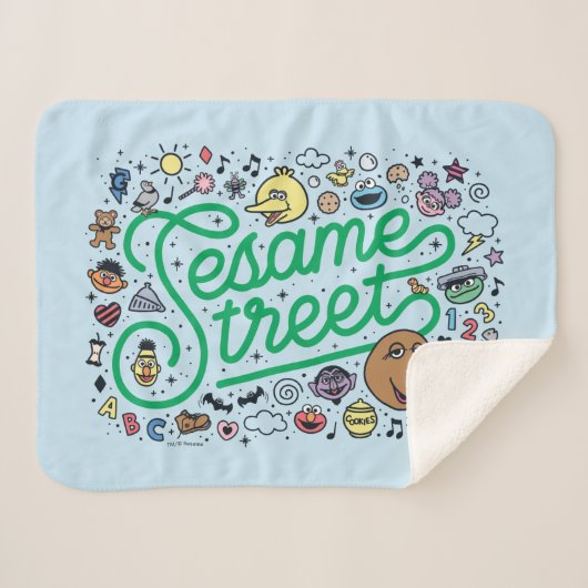 Sesam | Sesamstraat Groene Doodle Script Sherpa Deken (Voorkant (horizontaal))