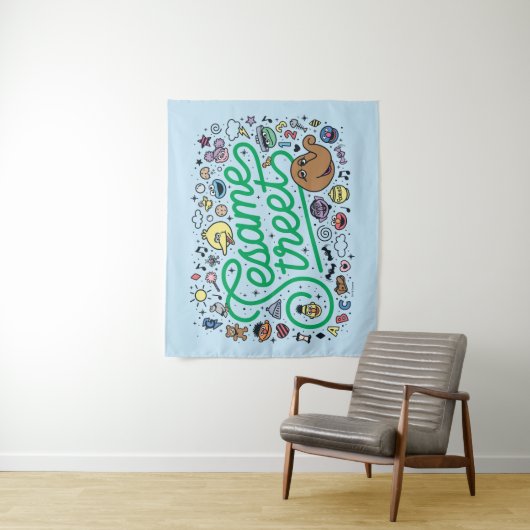 Sesam | Sesamstraat Groene Doodle Script Wandkleed (In situ)