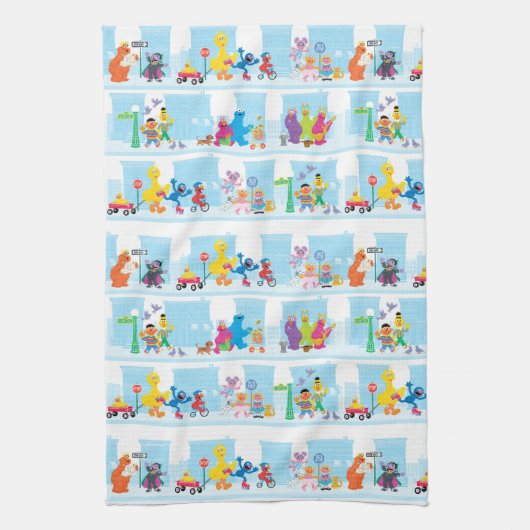 Sesame Pals die langs Sesamstraat lopen Patroon Theedoek (Verticaal)