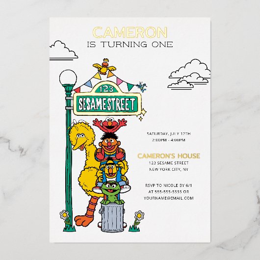 Sesame Street Characters & Street Sign Birthday Folie Uitnodiging (Voorkant)