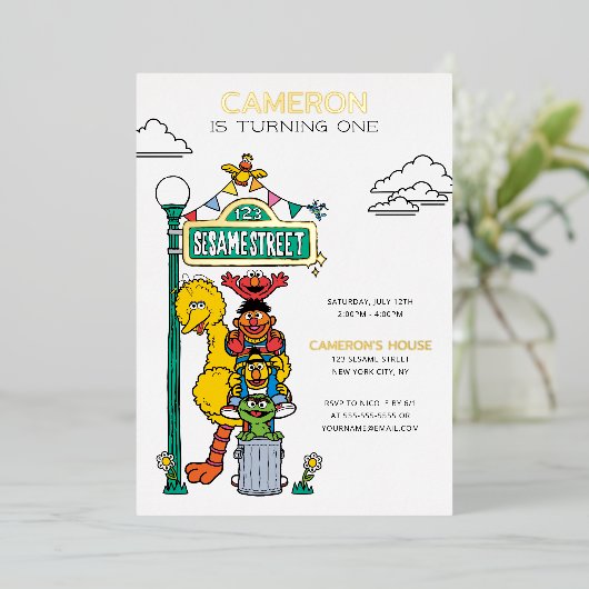 Sesame Street Characters & Street Sign Birthday Folie Uitnodiging (Staand Voorkant)