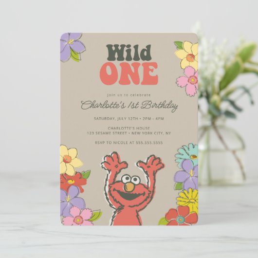 Sesame Street Elmo | Wild One Floral Birthday Kaart (Staand voorkant)