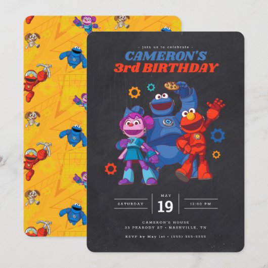 Sesame Street Mecha Builders Chalkboard Birthday Kaart (Voorkant / Achterkant)