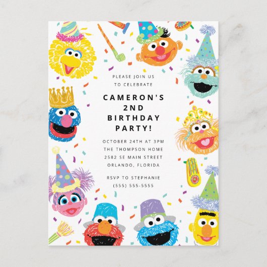 Sesame Street Vrienden Confetti Verjaardagsuitnodi Briefkaart (Voorkant)