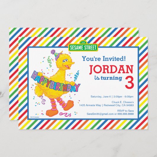 Sesamstraat Big Bird gestreepte verjaardag Kaart (Voorkant / Achterkant)