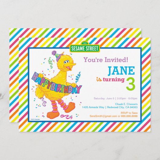 Sesamstraat Big Bird gestreepte verjaardag Kaart (Voorkant / Achterkant)