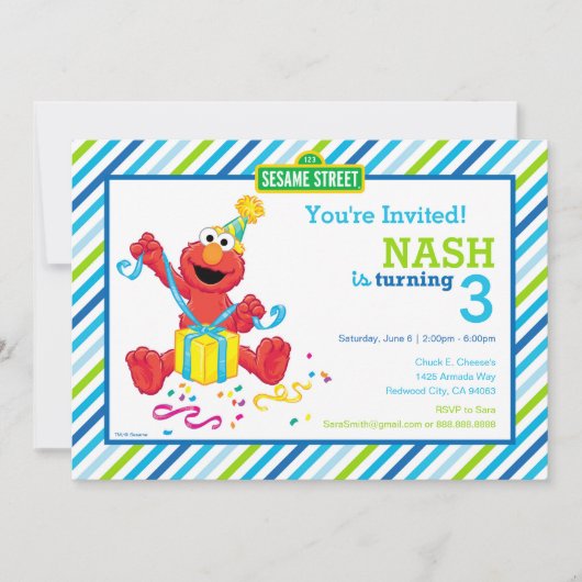 Sesamstraat | Elmo - Boys Birthday Striped Invit Kaart (Voorkant)