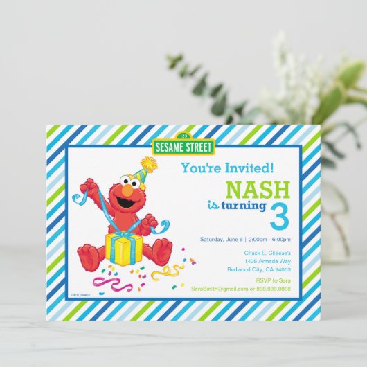 Sesamstraat | Elmo - Boys Birthday Striped Invit Kaart (Staand voorkant)