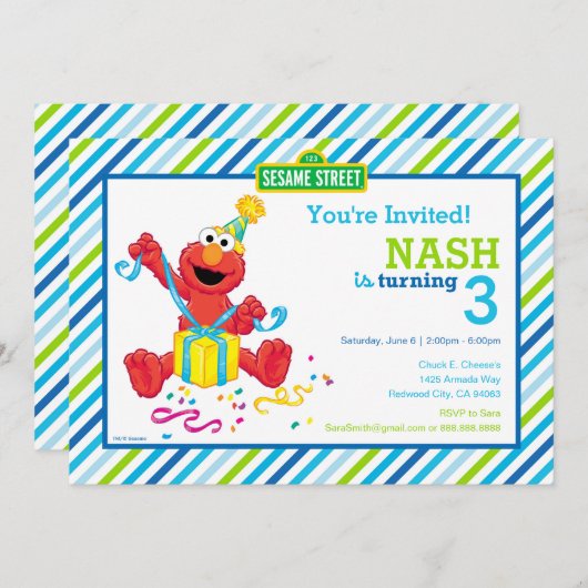Sesamstraat | Elmo - Boys Birthday Striped Invit Kaart (Voorkant / Achterkant)