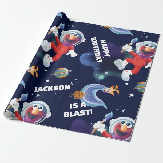 Sesamstraat Elmo Outer Space Verjaardagspatroon Cadeaupapier (Uitgerold)