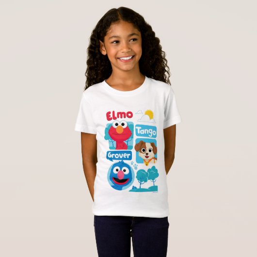 Sesamstraat | Grafisch park Elmo, Tango & Grover P T-shirt (Voorkant volledig)