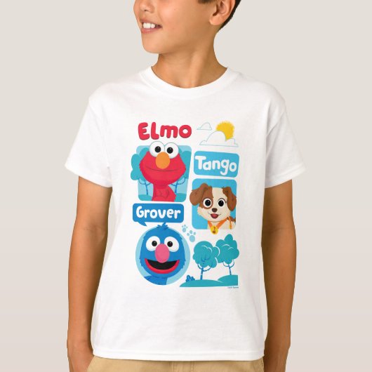 Sesamstraat | Grafisch park Elmo, Tango & Grover P T-shirt (Voorkant)