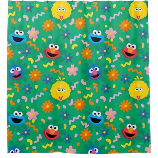 Sesamstraat groen bloemenpatroon douchegordijn (Voorkant)