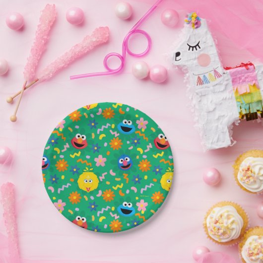 Sesamstraat groen bloemenpatroon papieren bordje (Feest)