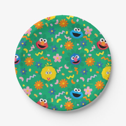 Sesamstraat groen bloemenpatroon papieren bordje (Voorkant)