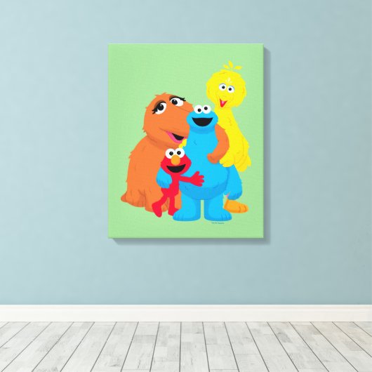 Sesamstraat | Groepsknuffel Canvas Afdruk (Insitu (Houten vloer))