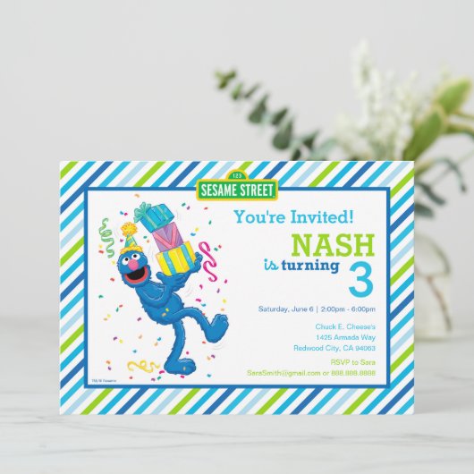 Sesamstraat Grover gestreepte verjaardag Kaart (Staand voorkant)