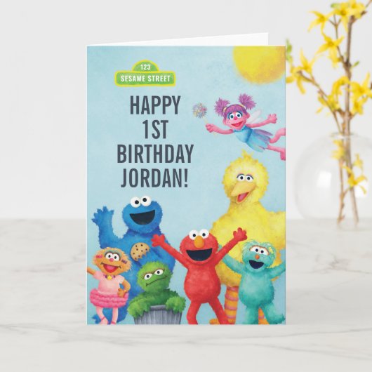 Sesamstraat Karakter Illustratie Verjaardag Kaart (Gele Bloem)