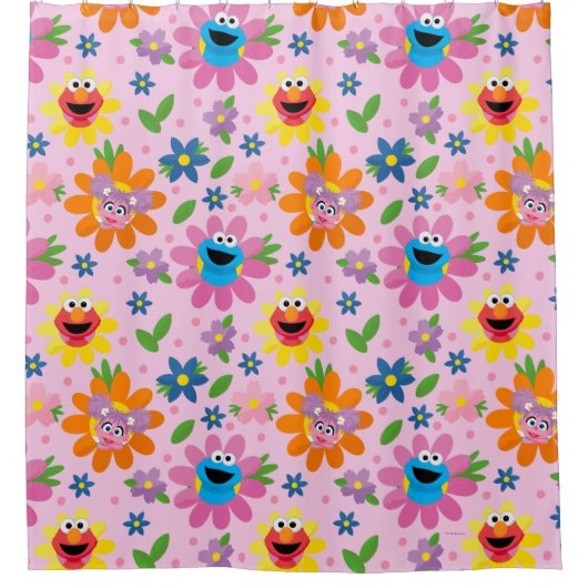 Sesamstraat roze bloemenpatroon douchegordijn (Voorkant)