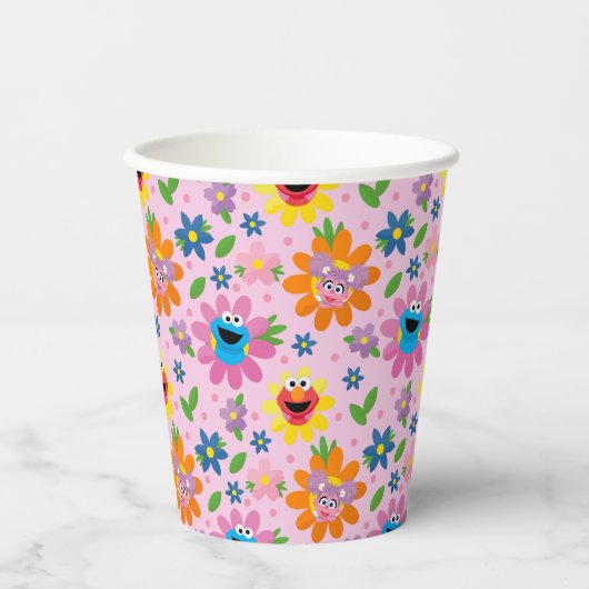 Sesamstraat roze bloemenpatroon papieren bekers (Voorkant)