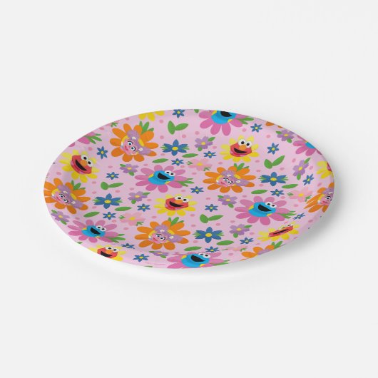 Sesamstraat roze bloemenpatroon papieren bordje (Gekanteld)