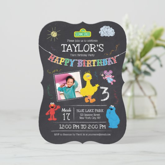 Sesamstraat Vrienden Chalkboard Foto 3rd Birthday Kaart (Staand voorkant)