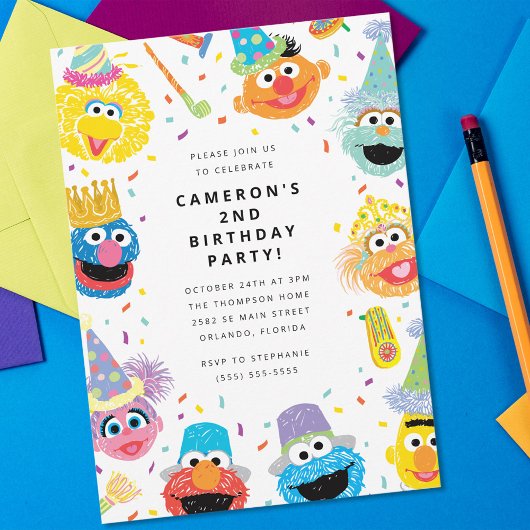 Sesamstraat Vrienden Confetti Birthday Uitnodiging